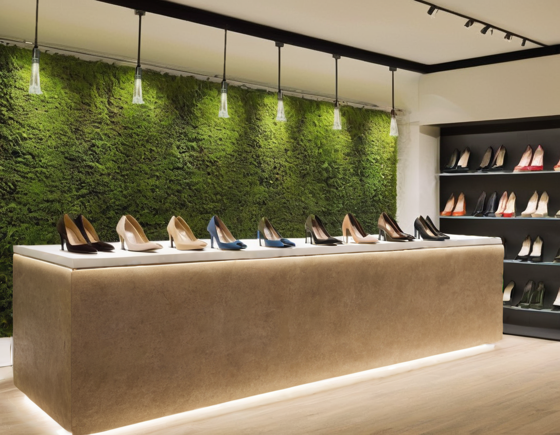 Auf dem Foto ist die innere Anrichtung eines Schuhgeschäftes zu sehen. Auf der Lade stehen viele Schuhmodelle und auf der Wand sieht man stablizierte Pflanzen. Das beeinflusst positiv die Einkaufserlebnisse